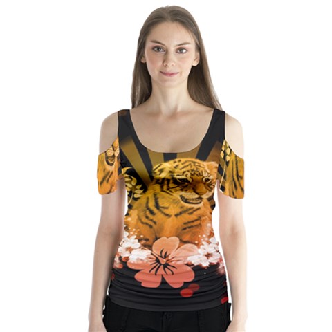 Cute Little Tiger With Flowers Butterfly Sleeve Cutout Tee  by FantasyWorld7