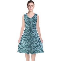 Turquoise Leopard Print V-neck Midi Sleeveless Dress  by CasaDiModa