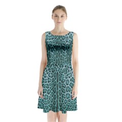 Turquoise Leopard Print Sleeveless Waist Tie Chiffon Dress by CasaDiModa