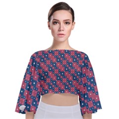 Squares And Circles Motif Geometric Pattern Tie Back Butterfly Sleeve Chiffon Top