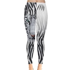 Gray White Tiger Head Print Leggings  by PattyVilleDesigns