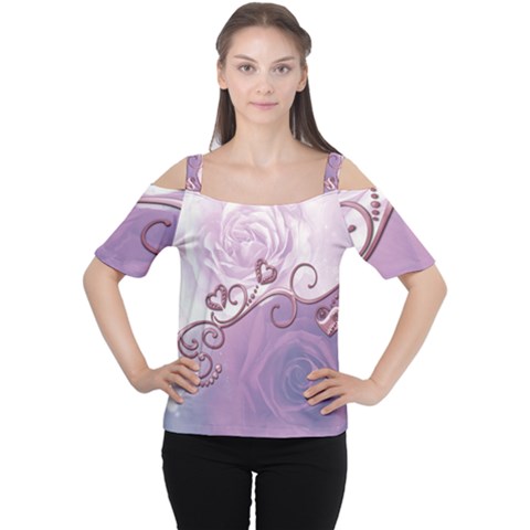 Wonderful Soft Violet Roses With Hearts Cutout Shoulder Tee by FantasyWorld7