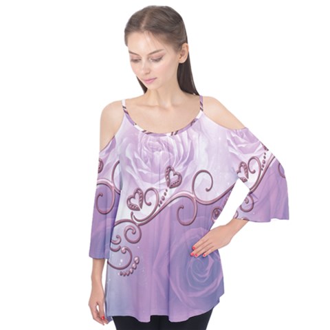 Wonderful Soft Violet Roses With Hearts Flutter Tees by FantasyWorld7