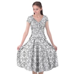 Black And White Ethnic Geometric Pattern Cap Sleeve Wrap Front Dress by dflcprints