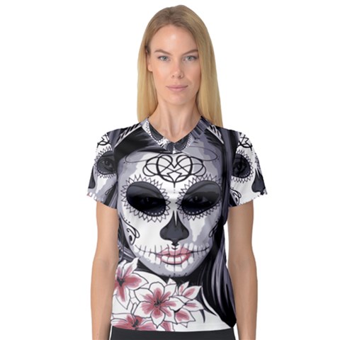 Day Of The Dead Sugar Skull V-neck Sport Mesh Tee by StarvingArtisan