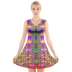 Flower Wall With Wonderful Colors And Bloom V-neck Sleeveless Skater Dress by pepitasart