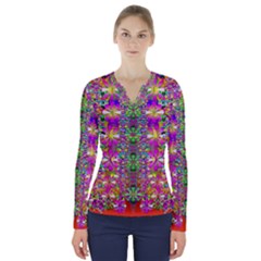 Flower Wall With Wonderful Colors And Bloom V-neck Long Sleeve Top by pepitasart