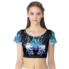 Amazing Wolf With Flowers, Blue Colors Short Sleeve Crop Top by FantasyWorld7