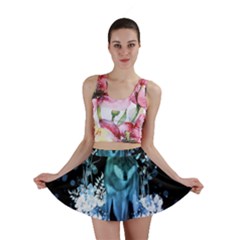 Amazing Wolf With Flowers, Blue Colors Mini Skirt by FantasyWorld7