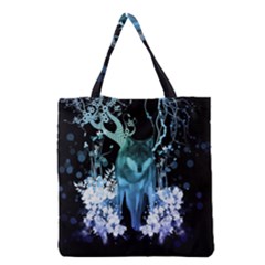 Amazing Wolf With Flowers, Blue Colors Grocery Tote Bag by FantasyWorld7