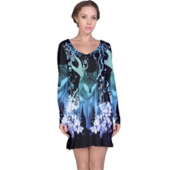 Amazing Wolf With Flowers, Blue Colors Long Sleeve Nightdress by FantasyWorld7