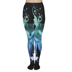 Amazing Wolf With Flowers, Blue Colors Women s Tights by FantasyWorld7