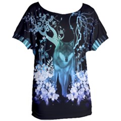 Amazing Wolf With Flowers, Blue Colors Women s Oversized Tee by FantasyWorld7