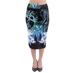 Amazing Wolf With Flowers, Blue Colors Midi Pencil Skirt by FantasyWorld7