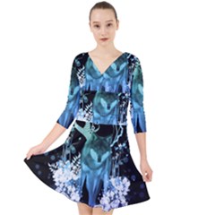 Amazing Wolf With Flowers, Blue Colors Quarter Sleeve Front Wrap Dress by FantasyWorld7