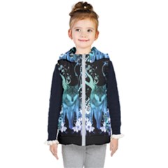 Amazing Wolf With Flowers, Blue Colors Kid s Hooded Puffer Vest by FantasyWorld7