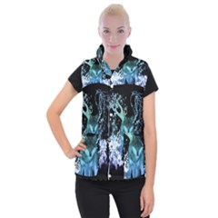 Amazing Wolf With Flowers, Blue Colors Women s Button Up Vest by FantasyWorld7