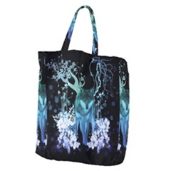 Amazing Wolf With Flowers, Blue Colors Giant Grocery Zipper Tote by FantasyWorld7