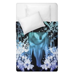 Amazing Wolf With Flowers, Blue Colors Duvet Cover Double Side (single Size) by FantasyWorld7