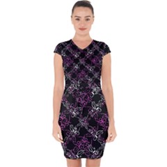 Dark Intersecting Lace Pattern Capsleeve Drawstring Dress  by dflcprints