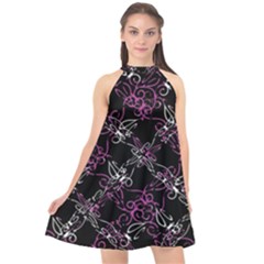 Dark Intersecting Lace Pattern Halter Neckline Chiffon Dress  by dflcprints