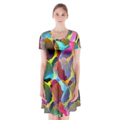 3d Pattern Mix Short Sleeve V-neck Flare Dress