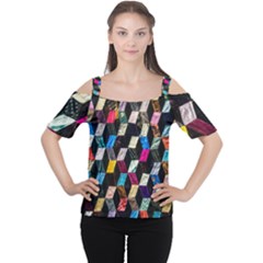 Abstract Multicolor Cubes 3d Quilt Fabric Cutout Shoulder Tee