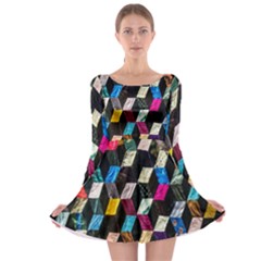 Abstract Multicolor Cubes 3d Quilt Fabric Long Sleeve Skater Dress