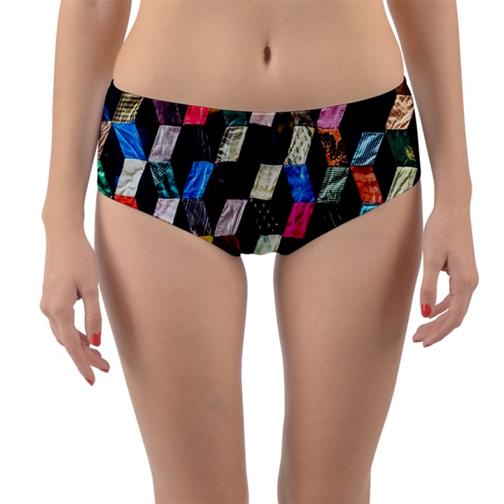 Abstract Multicolor Cubes 3d Quilt Fabric Reversible Mid-Waist Bikini Bottoms