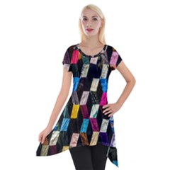 Abstract Multicolor Cubes 3d Quilt Fabric Short Sleeve Side Drop Tunic