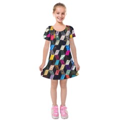 Abstract Multicolor Cubes 3d Quilt Fabric Kids  Short Sleeve Velvet Dress