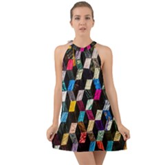 Abstract Multicolor Cubes 3d Quilt Fabric Halter Tie Back Chiffon Dress