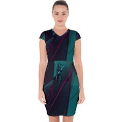 Abstract Green Purple Capsleeve Drawstring Dress 