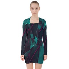 Abstract Green Purple V-neck Bodycon Long Sleeve Dress