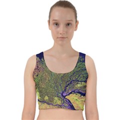Lena River Delta A Photo Of A Colorful River Delta Taken From A Satellite Velvet Racer Back Crop Top by Simbadda