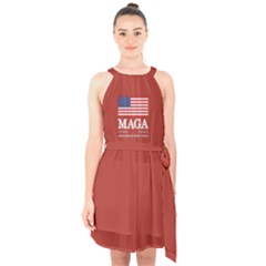 Maga Make America Great Again With Us Flag On Black Halter Collar Waist Tie Chiffon Dress by snek