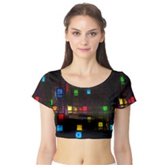 Abstract 3d Cg Digital Art Colors Cubes Square Shapes Pattern Dark Short Sleeve Crop Top by Sapixe