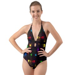 Abstract 3d Cg Digital Art Colors Cubes Square Shapes Pattern Dark Halter Cut-out One Piece Swimsuit by Sapixe