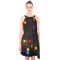 Abstract 3d Cg Digital Art Colors Cubes Square Shapes Pattern Dark Halter Collar Waist Tie Chiffon Dress