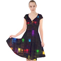 Abstract 3d Cg Digital Art Colors Cubes Square Shapes Pattern Dark Cap Sleeve Front Wrap Midi Dress