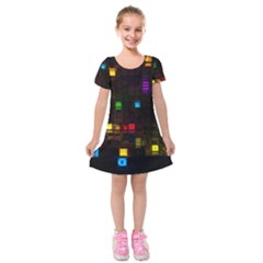 Abstract 3d Cg Digital Art Colors Cubes Square Shapes Pattern Dark Kids  Short Sleeve Velvet Dress