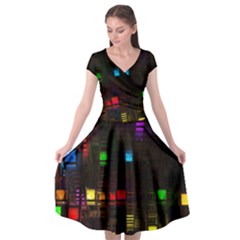 Abstract 3d Cg Digital Art Colors Cubes Square Shapes Pattern Dark Cap Sleeve Wrap Front Dress