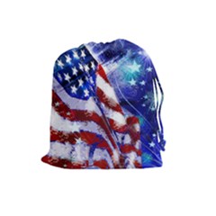 American Flag Red White Blue Fireworks Stars Independence Day Drawstring Pouches (large)  by Sapixe