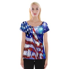 American Flag Red White Blue Fireworks Stars Independence Day Cap Sleeve Tops by Sapixe