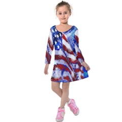 American Flag Red White Blue Fireworks Stars Independence Day Kids  Long Sleeve Velvet Dress by Sapixe