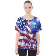 American Flag Red White Blue Fireworks Stars Independence Day V-neck Dolman Drape Top by Sapixe