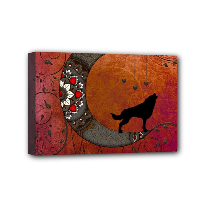 Black Wolf On Decorative Steampunk Moon Mini Canvas 6  x 4 