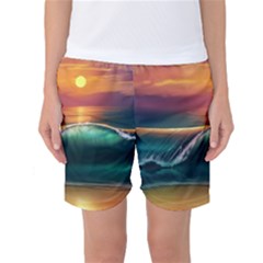 Art Sunset Beach Sea Waves Women s Basketball Shorts by Sapixe