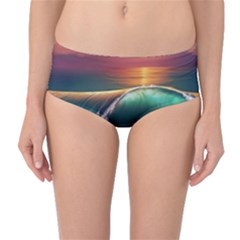 Art Sunset Beach Sea Waves Mid-waist Bikini Bottoms