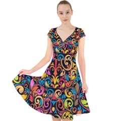 Art Traditional Pattern Cap Sleeve Front Wrap Midi Dress